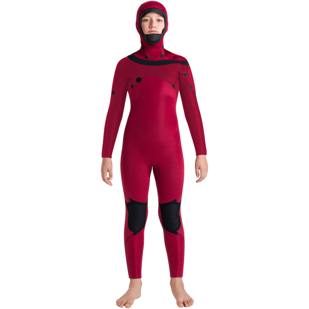 2026 C-Skins Junior Nuwave Session 5/4mm Hooded Wetsuit CSE54JH - Meteor / Forest Green / Red